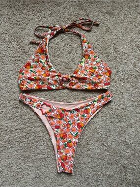 Kids Floral Halter Bikini Set - Pink & Orange